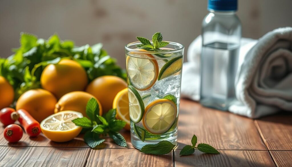 A glass of crystal-clear water sits atop a wooden table, surrounded by a vibrant array of fresh fruits and vegetables. Sliced lemon, cucumber, and mint leaves infuse the water, creating a refreshing and hydrating elixir. The lighting is soft and diffused, casting a warm, natural glow across the scene. In the background, a sleek, modern sports bottle and a towel are neatly arranged, suggesting the context of athletic recovery and replenishment. The overall composition conveys a sense of balance, wellness, and the importance of proper hydration for athletes.