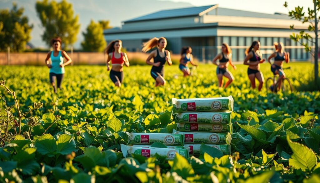A lush, verdant field of organic greens and superfoods, bathed in warm, golden sunlight. In the foreground, a stack of eco-friendly sports nutrition products - protein bars, powders, and supplements, packaged in sustainable, plant-based materials. Behind them, a group of diverse athletes in sleek, sustainable sportswear, engaged in various training activities - running, cycling, and strength exercises. In the background, a modern, energy-efficient sports facility, its rooftop adorned with solar panels. The scene conveys a sense of social responsibility, environmental consciousness, and a commitment to holistic, sustainable sports performance. A lush, verdant field of organic greens and superfoods, bathed in warm, golden sunlight. In the foreground, a stack of eco-friendly sports nutrition products - protein bars, powders, and supplements, packaged in sustainable, plant-based materials. Behind them, a group of diverse athletes in sleek, sustainable sportswear, engaged in various training activities - running, cycling, and strength exercises. In the background, a modern, energy-efficient sports facility, its rooftop adorned with solar panels. The scene conveys a sense of social responsibility, environmental consciousness, and a commitment to holistic, sustainable sports performance.