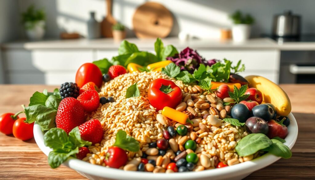 A vibrant and balanced plant-powered plate featuring a variety of nutrient-dense, sustainable sports nutrition options. In the foreground, a colorful array of fresh fruits and vegetables, including leafy greens, berries, and bright peppers. In the middle ground, a selection of whole grains such as quinoa and brown rice, accompanied by legumes, nuts, and seeds for protein and healthy fats. In the background, a clean, minimalist kitchen countertop with natural lighting casting a warm, inviting glow. The overall scene conveys a sense of nourishment, vitality, and environmental consciousness, perfectly suited to illustrate the "Building balanced plant-powered plates" section of the article.