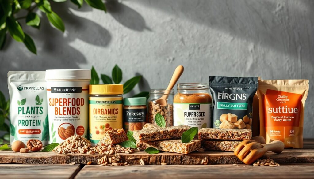 A vibrant still life showcasing an assortment of eco-friendly sports supplements. In the foreground, a selection of plant-based protein powders, organic superfood blends, and sustainable energy bars are neatly arranged on a rustic wooden surface. The middle ground features a glass jar filled with cold-pressed nut butters and a bamboo scoop. In the background, lush green leaves and a neutral gray backdrop create a calming, nature-inspired ambiance. The image is bathed in warm, natural lighting, casting gentle shadows and highlighting the earthy tones of the ingredients. The overall composition conveys a sense of health, wellness, and environmental consciousness. A vibrant still life showcasing an assortment of eco-friendly sports supplements. In the foreground, a selection of plant-based protein powders, organic superfood blends, and sustainable energy bars are neatly arranged on a rustic wooden surface. The middle ground features a glass jar filled with cold-pressed nut butters and a bamboo scoop. In the background, lush green leaves and a neutral gray backdrop create a calming, nature-inspired ambiance. The image is bathed in warm, natural lighting, casting gentle shadows and highlighting the earthy tones of the ingredients. The overall composition conveys a sense of health, wellness, and environmental consciousness.
