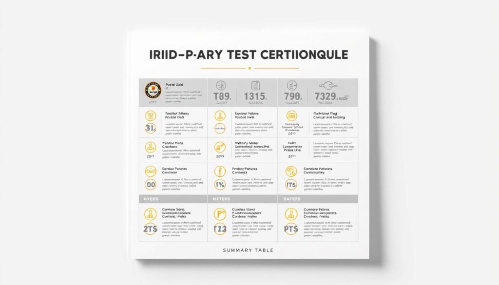 A comprehensive third-party testing certification guide, showcased against a clean, minimalist background. The guide features a sleek, modern design with clearly delineated sections and icons, presented in a sophisticated color palette of greys, whites, and accents of warm metallic tones. The layout is balanced and visually appealing, drawing the viewer's attention to the key details and certifications. Subtle shadows and light reflections add depth and dimensionality, creating a polished, professional appearance. The overall impression is one of authority, reliability, and trust - qualities that would complement the "Summary Table" section of the "Ultimate Overview of Sports Supplements" article.