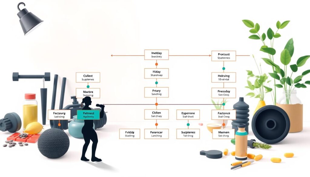 A vibrant, well-organized flowchart illustration depicting the optimal timing for various sports supplements. The foreground shows a clean, minimalist design with interconnected nodes and arrows, color-coded for different supplement categories. The middle ground features human silhouettes in athletic poses, highlighting the real-world application of the supplement regimen. The background subtly blends athletic equipment, supplements, and natural elements like plants, creating a holistic, wellness-focused atmosphere. Soft, directional lighting from the upper left casts a gentle, professional tone, while the composition maintains a balanced, symmetrical layout for maximum clarity and impact.