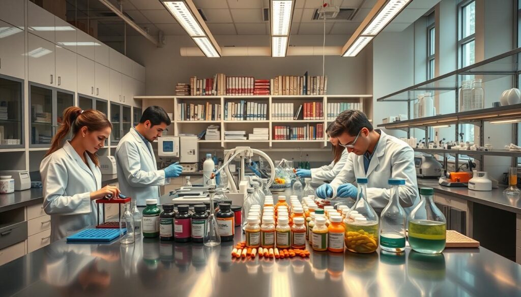 A well-equipped laboratory setting with modern scientific equipment and instruments. In the foreground, a team of researchers in white lab coats carefully examining and testing various nutritional supplements on a sleek stainless steel counter. The middle ground showcases an array of labeled test tubes, beakers, and analytical instruments, conveying a sense of rigorous analysis. The background features floor-to-ceiling shelves stocked with reference materials and technical manuals, creating an atmosphere of authoritative expertise. Warm, directional lighting from overhead fixtures casts subtle shadows, emphasizing the precision and attention to detail. The overall mood is one of professionalism, diligence, and a commitment to ensuring the safety and quality of nutritional products.