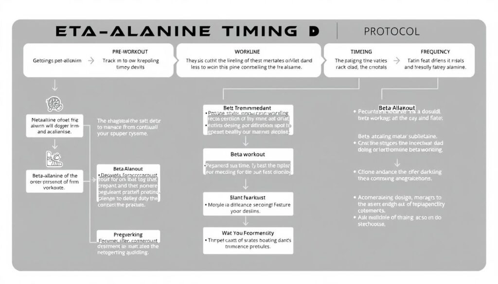 A detailed flowchart depicting the beta-alanine timing protocol, showcasing the various stages and recommendations for optimal supplementation. The chart features a clean, minimalist design with distinct sections for pre-workout, during workout, and post-workout guidelines. The layout is organized and intuitive, guiding the viewer through the recommended dosage, timing, and frequency for effective beta-alanine utilization. The overall aesthetic is professional and scientific, with a neutral color scheme and precise, technical illustrations that complement the subject matter. The image exudes an atmosphere of clarity and practicality, making it a valuable visual aid for the "Usage Protocols" section of the article. A detailed flowchart depicting the beta-alanine timing protocol, showcasing the various stages and recommendations for optimal supplementation. The chart features a clean, minimalist design with distinct sections for pre-workout, during workout, and post-workout guidelines. The layout is organized and intuitive, guiding the viewer through the recommended dosage, timing, and frequency for effective beta-alanine utilization. The overall aesthetic is professional and scientific, with a neutral color scheme and precise, technical illustrations that complement the subject matter. The image exudes an atmosphere of clarity and practicality, making it a valuable visual aid for the "Usage Protocols" section of the article.