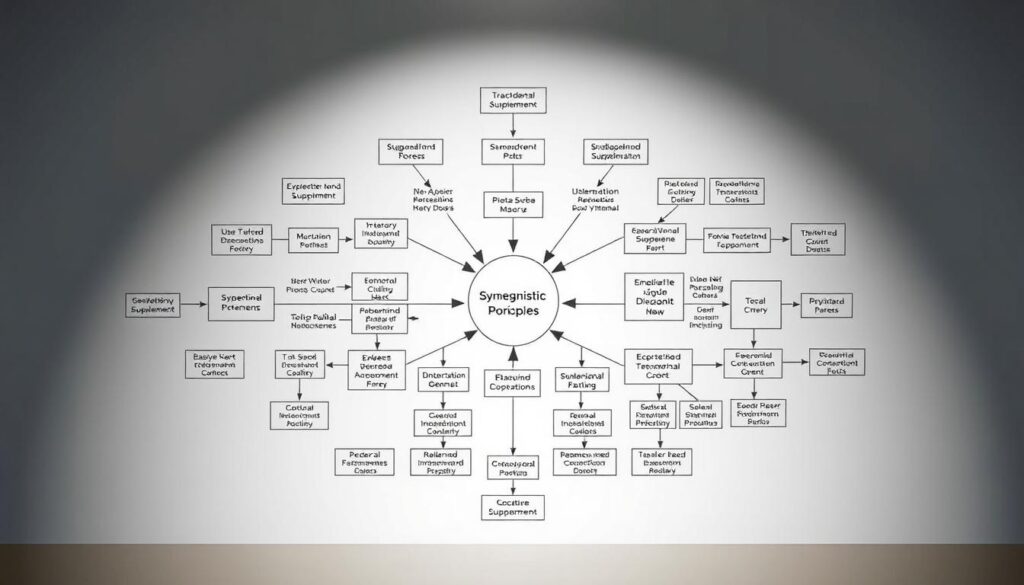 A detailed, well-organized flowchart depicting the synergistic relationships between various nutritional supplements. The foreground showcases the central supplements, their names and functions clearly illustrated. The middle ground highlights the interconnected pathways, with arrows and icons denoting the mechanisms of interaction and potentiation. The background features a subtle gradient, creating a clean, professional aesthetic. Soft, directional lighting accentuates the depth and dimensionality of the chart, while a slightly low camera angle gives it an authoritative, informative presentation. The overall mood is one of clarity, scientific rigor, and visual appeal, serving as an educational tool for the "Main Stacking Principles (Synergy/Avoiding Overlap)" section. A detailed, well-organized flowchart depicting the synergistic relationships between various nutritional supplements. The foreground showcases the central supplements, their names and functions clearly illustrated. The middle ground highlights the interconnected pathways, with arrows and icons denoting the mechanisms of interaction and potentiation. The background features a subtle gradient, creating a clean, professional aesthetic. Soft, directional lighting accentuates the depth and dimensionality of the chart, while a slightly low camera angle gives it an authoritative, informative presentation. The overall mood is one of clarity, scientific rigor, and visual appeal, serving as an educational tool for the "Main Stacking Principles (Synergy/Avoiding Overlap)" section.