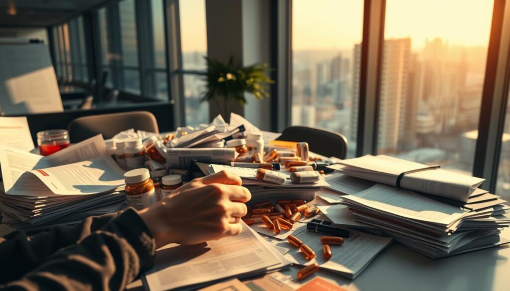 A modern office interior with an overflowing desk showcasing consumer protection regulations, supplements, and legal documents. Warm lighting illuminates the scene, casting shadows that emphasize the clutter and complexity of the topic. In the foreground, a pair of hands sorting through the paperwork, highlighting the consumer's role in navigating these policies. The background features a large window overlooking a bustling city, suggesting the broader societal impact of these regulations. The overall mood conveys the importance of empowering consumers with clear information and fair practices in the supplement industry. A modern office interior with an overflowing desk showcasing consumer protection regulations, supplements, and legal documents. Warm lighting illuminates the scene, casting shadows that emphasize the clutter and complexity of the topic. In the foreground, a pair of hands sorting through the paperwork, highlighting the consumer's role in navigating these policies. The background features a large window overlooking a bustling city, suggesting the broader societal impact of these regulations. The overall mood conveys the importance of empowering consumers with clear information and fair practices in the supplement industry.