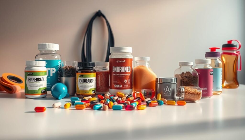 A neatly arranged still life depicting an assortment of endurance supplements. In the foreground, a selection of colorful capsules, powders, and liquid-filled bottles are displayed on a clean, white surface, bathed in warm, diffuse lighting that casts subtle shadows. In the middle ground, a subtle backdrop of athletic equipment like resistance bands and a water bottle suggests the active lifestyle context. The overall atmosphere is one of clean, minimalist elegance, conveying the high-performance, science-backed nature of the supplements. A neatly arranged still life depicting an assortment of endurance supplements. In the foreground, a selection of colorful capsules, powders, and liquid-filled bottles are displayed on a clean, white surface, bathed in warm, diffuse lighting that casts subtle shadows. In the middle ground, a subtle backdrop of athletic equipment like resistance bands and a water bottle suggests the active lifestyle context. The overall atmosphere is one of clean, minimalist elegance, conveying the high-performance, science-backed nature of the supplements.