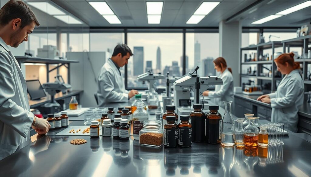 A sleek, well-equipped laboratory setting with sophisticated analytical equipment. In the foreground, a group of scientists in lab coats carefully examining and testing various supplement bottles and powders on a stainless steel counter. The middle ground showcases rows of test tubes, beakers, and other scientific apparatus, casting a warm glow under the carefully calibrated lighting. In the background, a floor-to-ceiling window reveals a cityscape, suggesting a modern, professional facility dedicated to rigorous third-party testing of dietary supplements. The overall atmosphere conveys a sense of scientific rigor, attention to detail, and a commitment to consumer safety. A sleek, well-equipped laboratory setting with sophisticated analytical equipment. In the foreground, a group of scientists in lab coats carefully examining and testing various supplement bottles and powders on a stainless steel counter. The middle ground showcases rows of test tubes, beakers, and other scientific apparatus, casting a warm glow under the carefully calibrated lighting. In the background, a floor-to-ceiling window reveals a cityscape, suggesting a modern, professional facility dedicated to rigorous third-party testing of dietary supplements. The overall atmosphere conveys a sense of scientific rigor, attention to detail, and a commitment to consumer safety.