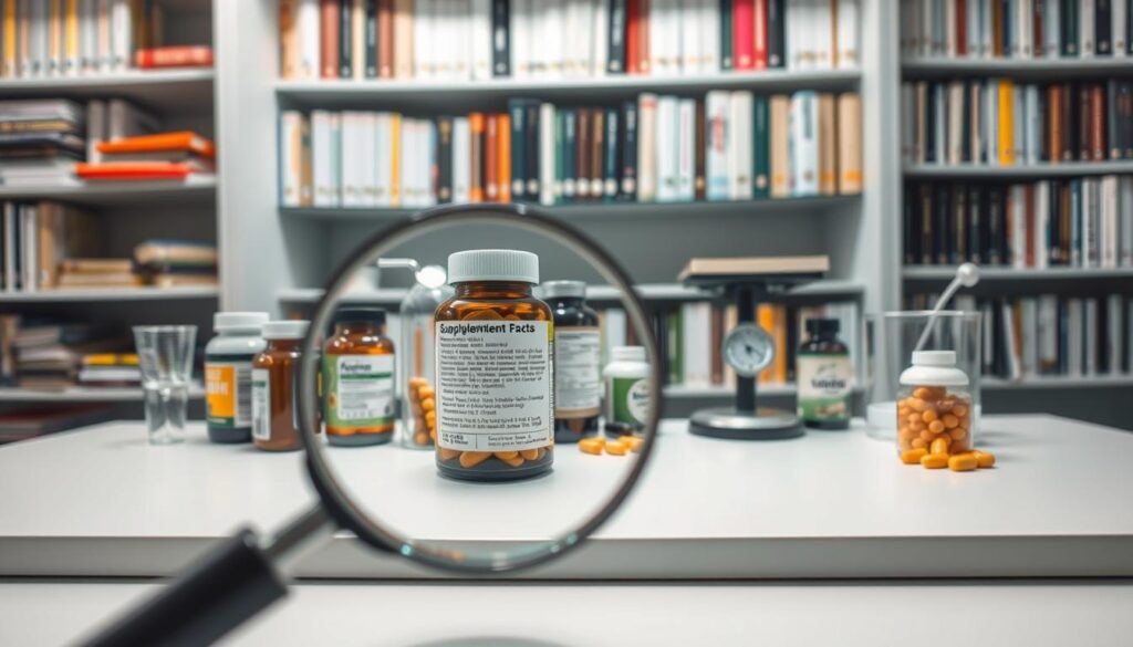 A well-lit laboratory setting with an assortment of nutritional supplements arranged neatly on a clean, white countertop. In the foreground, a magnifying glass hovers over a bottle, drawing attention to the fine print and warnings. Behind it, a scientific scale and measuring devices suggest a meticulous approach to dosage. In the background, a bookshelf filled with reference materials on supplement safety and efficacy creates an atmosphere of informed research. Soft, directional lighting casts subtle shadows, highlighting the importance of carefully considering each component of a supplement stack. A well-lit laboratory setting with an assortment of nutritional supplements arranged neatly on a clean, white countertop. In the foreground, a magnifying glass hovers over a bottle, drawing attention to the fine print and warnings. Behind it, a scientific scale and measuring devices suggest a meticulous approach to dosage. In the background, a bookshelf filled with reference materials on supplement safety and efficacy creates an atmosphere of informed research. Soft, directional lighting casts subtle shadows, highlighting the importance of carefully considering each component of a supplement stack.