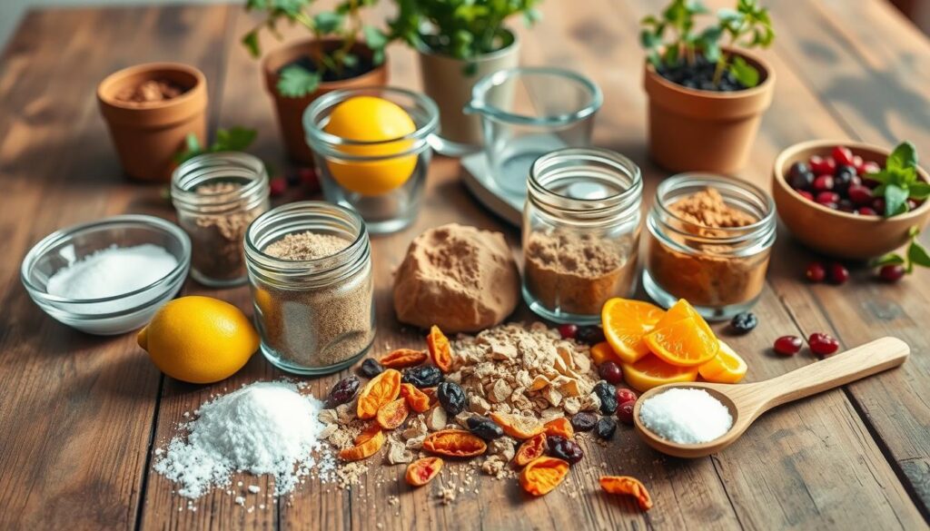 A beautifully arranged flat lay featuring DIY electrolyte mixing ingredients on a rustic wooden table. In the foreground, display a selection of natural ingredients, including sea salt, coconut water powder, fresh lemon, and a vibrant array of dried fruit pieces such as oranges and cranberries. Glass jars filled with various powders in earthy tones, alongside a wooden spoon, create an inviting and homey atmosphere. In the middle ground, soft-focus measuring cups and a small scale emphasize the DIY aspect. In the background, a hint of greenery from potted herbs adds life and freshness. Soft, natural lighting casts gentle shadows, enhancing the earthy color palette and creating a warm, sustainable vibe. The scene conveys a sense of simplicity and eco-friendliness, inviting viewers to explore low-waste hydration solutions.