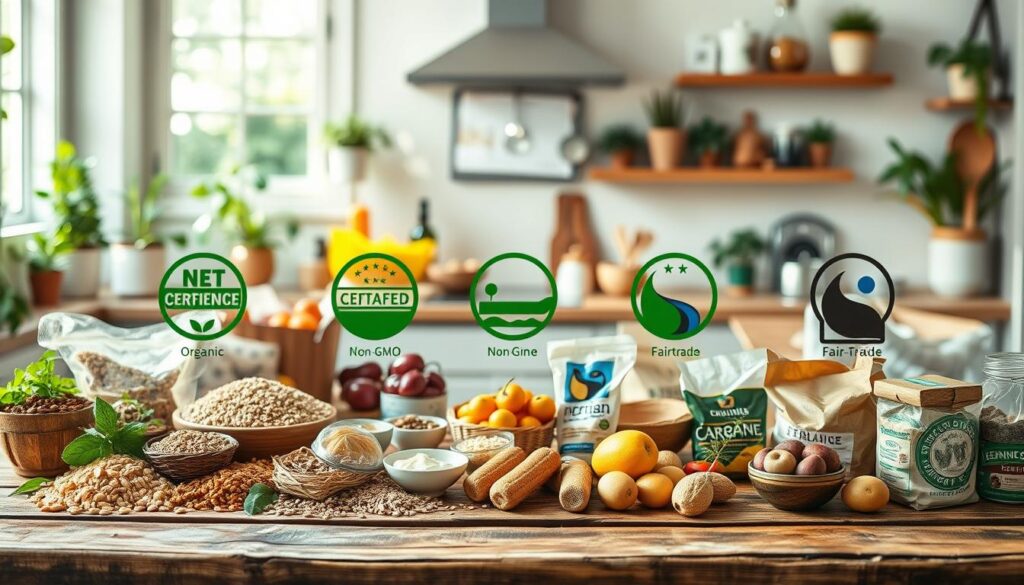 A detailed and visually appealing guide on sustainable food certifications, featuring an array of eco-friendly labels such as "Organic," "Non-GMO," and "Fair Trade." In the foreground, a diverse selection of certified food products like grains, fruits, and packaged goods is artistically arranged on a rustic wooden table. The middle layer showcases illustrations of the certifications, clearly visible and well-defined, with arrows pointing to each label. The background is softly blurred, depicting a bright, airy kitchen with greenery and sustainable kitchenware, creating a warm and inviting atmosphere. Natural sunlight filters through a window, casting gentle shadows and highlighting the textures of the food and labels. The overall mood is informative yet approachable, emphasizing the importance of conscious food sourcing in active lifestyles.
