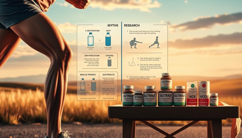 A dynamic composition illustrating the contrast between muscle cramp myths and evidence. In the foreground, showcase a pair of well-defined athletic legs positioned in a running stance, highlighting the muscles and veins to embody the notion of physical activity. The middle ground features an infographic-style representation of common muscle cramp myths, such as dehydration or stretching, depicted with artistic illustrations of water bottles and stretching figures. In the background, a soothing landscape symbolizes scientific research, with soft, warm lighting illuminating a table filled with electrolyte supplements and eco-friendly packaging, set against a calming, nature-inspired backdrop. The overall mood should feel informative and balanced, with an emphasis on clarity and visual stimulation, inviting the viewer to engage thoughtfully with the topic.