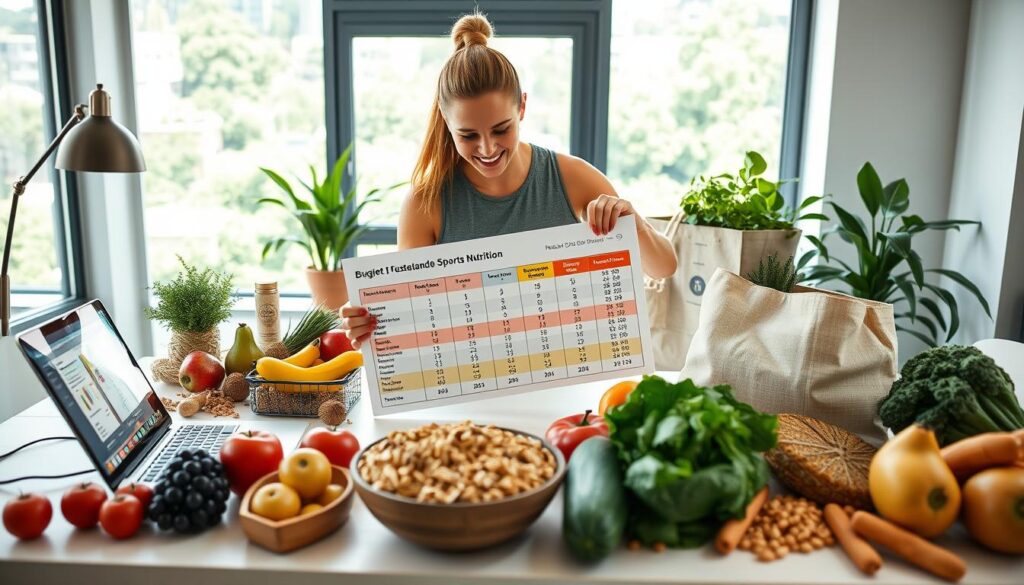 A modern workspace featuring a budget planning scene focused on sustainable sports nutrition. In the foreground, a clean desk with a laptop open to a financial spreadsheet, surrounded by fresh fruits, whole grains, and eco-friendly protein sources neatly arranged. In the middle, a professional wearing casual sportswear consults a colorful chart about nutrient costs and meal preparation strategies, with a reusable tote bag nearby filled with shopping essentials. In the background, a bright window with natural light streaming in, showcasing a green urban landscape, enhancing the fresh and healthy atmosphere. The image is well-lit, capturing a sense of organization, enthusiasm, and practicality, conveying the essence of efficient budget planning for an active and sustainable lifestyle.