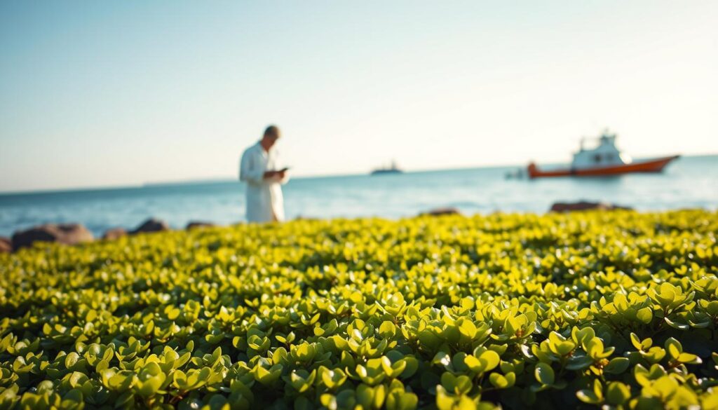 A serene coastal scene showcasing sustainable omega-3 sourcing. In the foreground, a vibrant patch of algae, rich in green hues, highlights its importance in eco-friendly omega-3 production. Nearby, a scientist in a white lab coat examines the algae under natural sunlight, embodying professionalism and dedication to sustainability. In the middle ground, a tranquil ocean is visible with a few fishing boats in the distance, hinting at traditional fish oil practices contrasted with algae. The background portrays a clean, blue sky, emphasizing the harmony of nature and technology. Soft, warm lighting enhances the overall atmosphere, creating a hopeful and enlightening mood surrounding sustainability and ethics in sourcing omega-3s.