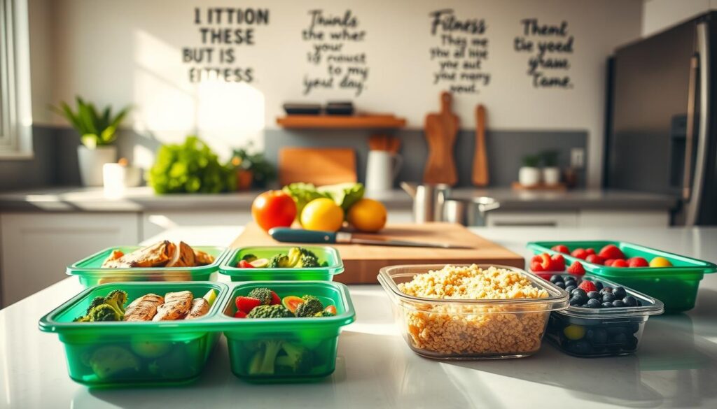 A beautifully organized kitchen counter displaying a vibrant meal prep setup for athletes, emphasizing rest-day adjustments. In the foreground, colorful meal containers filled with grilled chicken, quinoa, steamed broccoli, and mixed berries are neatly arranged. In the middle, a countertop with a cutting board featuring fresh vegetables and herbs, alongside a sleek knife and measuring cups. The background showcases a bright, sunlit kitchen with modern appliances and motivational fitness quotes on the wall. Soft, natural lighting filters through a window, creating a warm and inviting atmosphere. The image conveys a sense of balance and preparation, ideal for busy athletes focusing on their nutrition during rest days. A beautifully organized kitchen counter displaying a vibrant meal prep setup for athletes, emphasizing rest-day adjustments. In the foreground, colorful meal containers filled with grilled chicken, quinoa, steamed broccoli, and mixed berries are neatly arranged. In the middle, a countertop with a cutting board featuring fresh vegetables and herbs, alongside a sleek knife and measuring cups. The background showcases a bright, sunlit kitchen with modern appliances and motivational fitness quotes on the wall. Soft, natural lighting filters through a window, creating a warm and inviting atmosphere. The image conveys a sense of balance and preparation, ideal for busy athletes focusing on their nutrition during rest days.