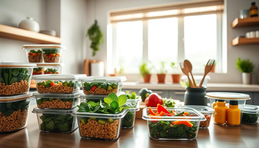A visually appealing arrangement of sustainable meal prep containers, crafted from biodegradable materials, showcased in a bright, modern kitchen. In the foreground, various containers filled with colorful, fresh ingredients such as quinoa, leafy greens, and vibrant bell peppers, neatly stacked and organized. The middle section features a wooden cutting board with prepared meal portions, complemented by utensils made from renewable resources. In the background, soft natural light streams through a window, illuminating potted herbs on the windowsill and providing a warm, inviting atmosphere. The overall mood conveys a sense of eco-conscious efficiency and wellness, perfect for busy athletes. Use a wide-angle lens to capture the entire scene in crisp detail, emphasizing texture and color. A visually appealing arrangement of sustainable meal prep containers, crafted from biodegradable materials, showcased in a bright, modern kitchen. In the foreground, various containers filled with colorful, fresh ingredients such as quinoa, leafy greens, and vibrant bell peppers, neatly stacked and organized. The middle section features a wooden cutting board with prepared meal portions, complemented by utensils made from renewable resources. In the background, soft natural light streams through a window, illuminating potted herbs on the windowsill and providing a warm, inviting atmosphere. The overall mood conveys a sense of eco-conscious efficiency and wellness, perfect for busy athletes. Use a wide-angle lens to capture the entire scene in crisp detail, emphasizing texture and color.